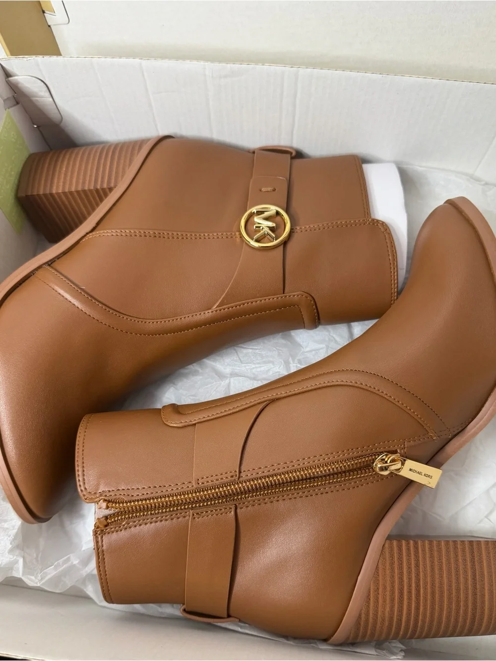 Michael Kors Brown Leather Block-Heel Ankle Boots with MK Medallion